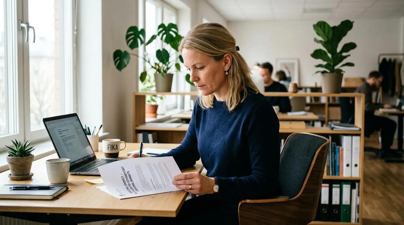 Småföretagare läser AFS 2023:1 vid sitt skrivbord i ett ljust skandinaviskt kontor