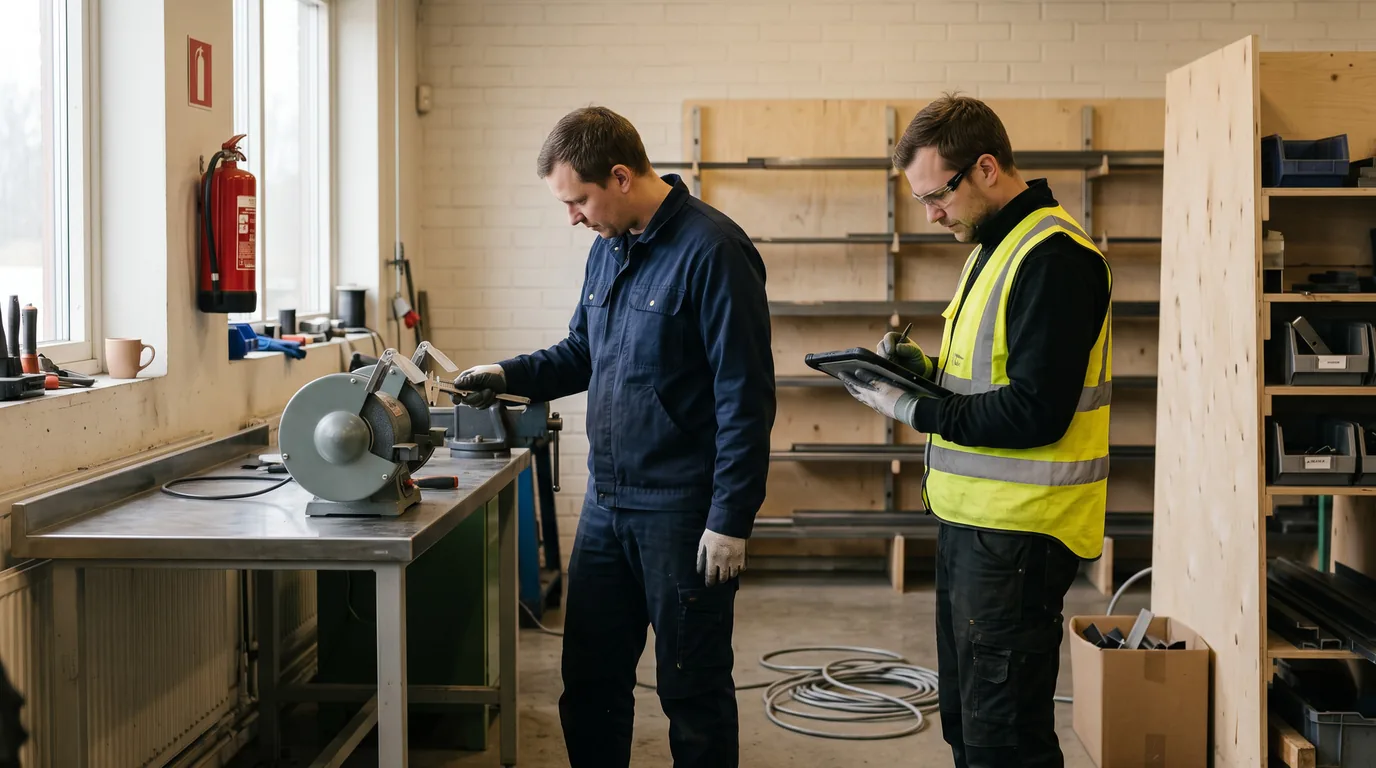 Två medarbetare i en verkstad mäter ljudnivån vid en slipmaskin och antecknar värdet i en surfplatta