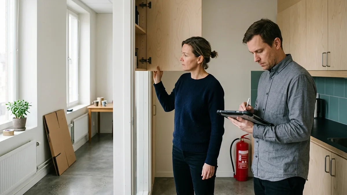 Medarbetare kontrollerar förvaringsutrymmet i personalköket och dokumenterar det i en surfplatta