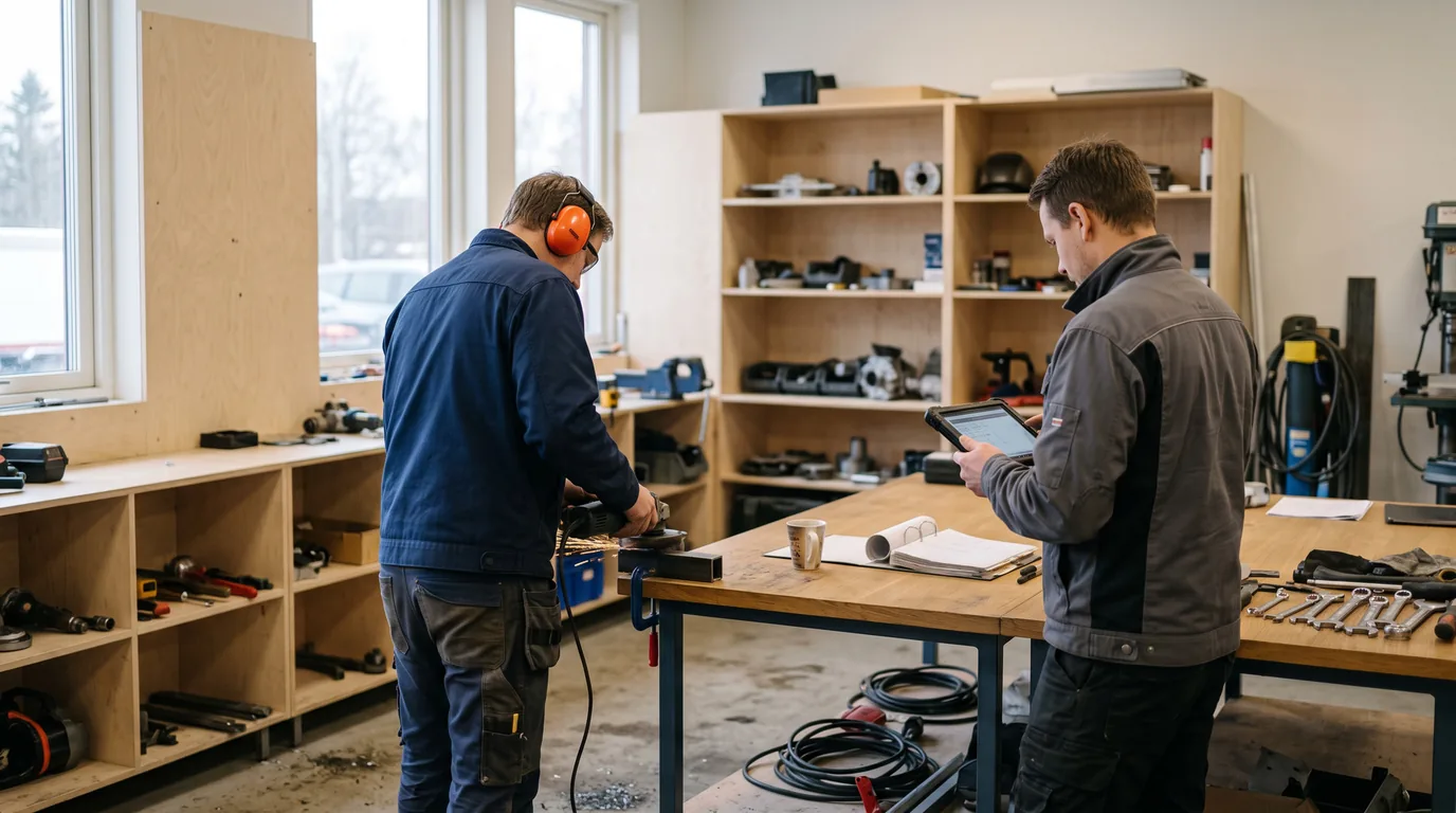 Skyddsombud och verkstadsarbetare går igenom ett kontrollschema på en surfplatta vid en arbetsbänk i en metallverkstad