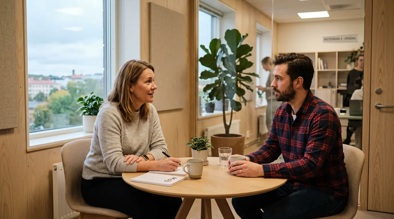 Chef och medarbetare i enskilt samtal om alkohol på arbetsplatsen i ett mindre svenskt kontor