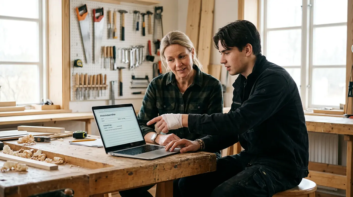 Arbetsledare anmäler en arbetsskada på en laptop tillsammans med en kollega i en ljus svensk verkstad