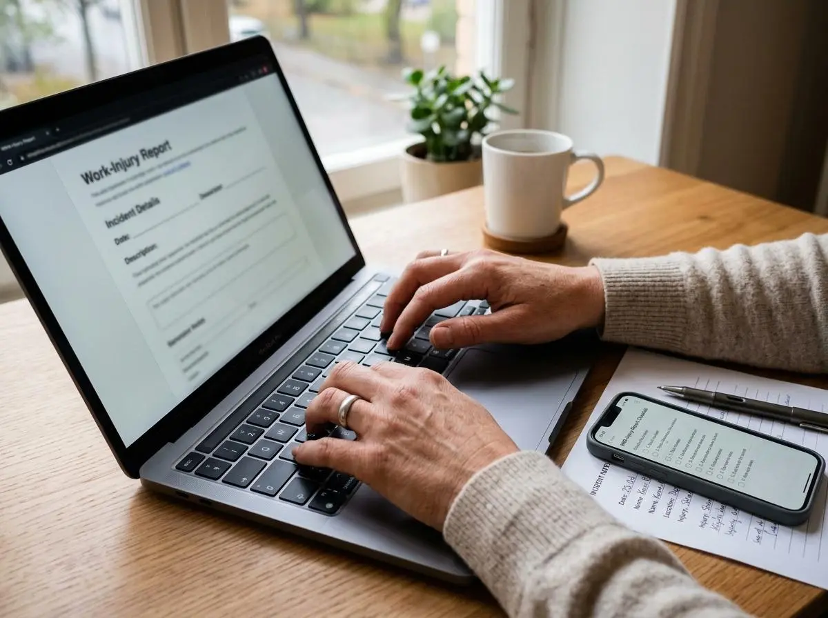 Närbild av händer som fyller i en arbetsskadeanmälan digitalt på en laptop på ett kontor