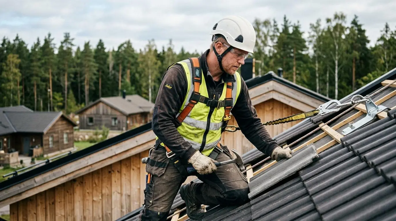 Hantverkare med sele och fallskyddsutrustning arbetar säkert på ett tak vid arbete på höjd