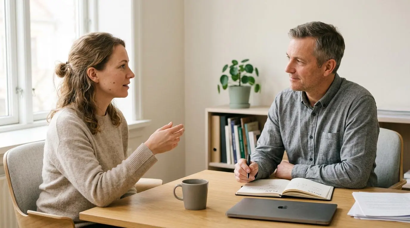 Chef och medarbetare i lugnt samtal vid ett ljust skrivbord om arbetsanpassning och plan för återgång i arbete