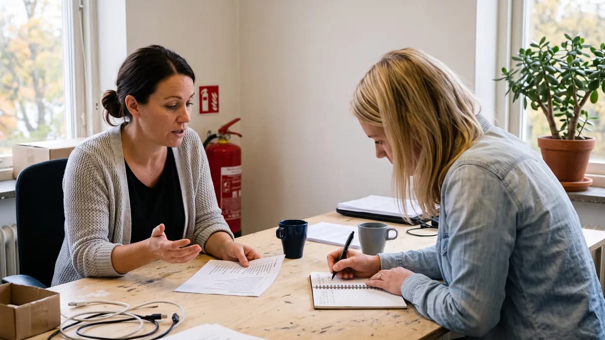 Två kollegor diskuterar en lista med arbetsuppgifter medan den ena antecknar i ett kollegieblock.