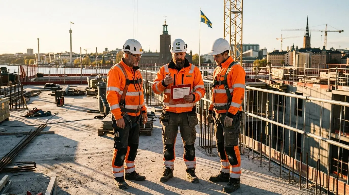 Tre byggnadsarbetare i orange västar och hjälmar går igenom en säkerhetschecklista på en svensk byggarbetsplats