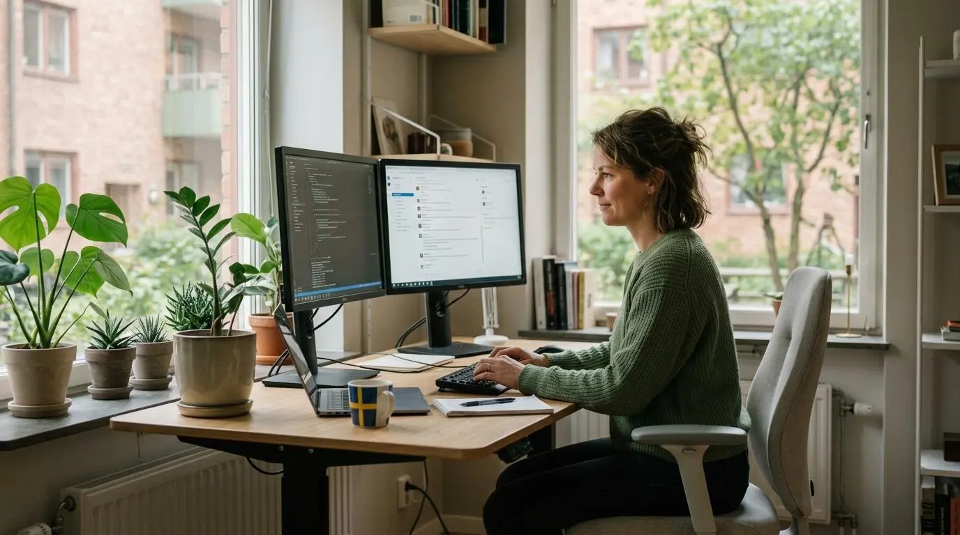 Kvinna arbetar hemifrån vid ett ergonomiskt skrivbord i en ljus svensk lägenhet