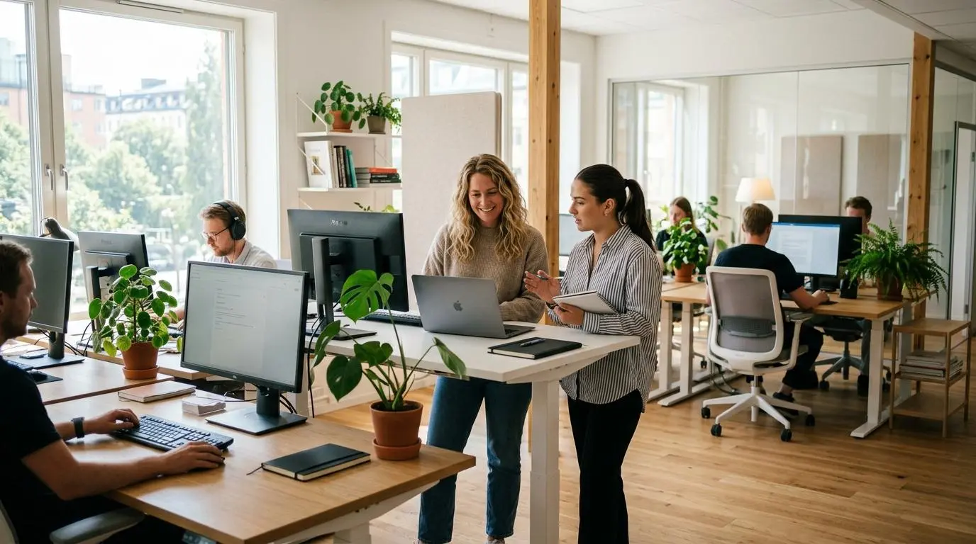 Modernt skandinaviskt kontor med höj- och sänkbara skrivbord och kollegor som samarbetar