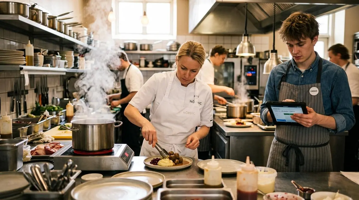 Kock och servitör i ett öppet svenskt restaurangkök under lunchservice