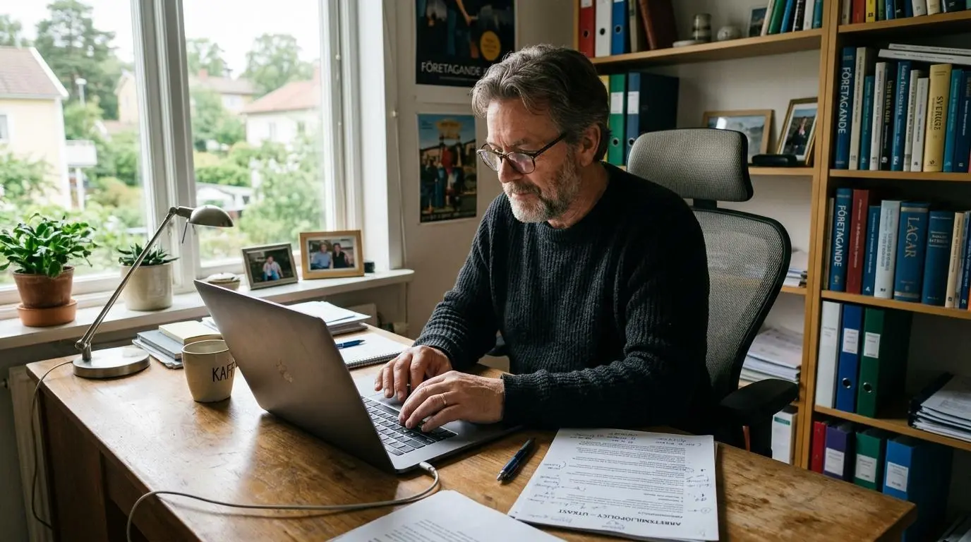 Småföretagare skriver en arbetsmiljöpolicy på en laptop vid sitt skrivbord