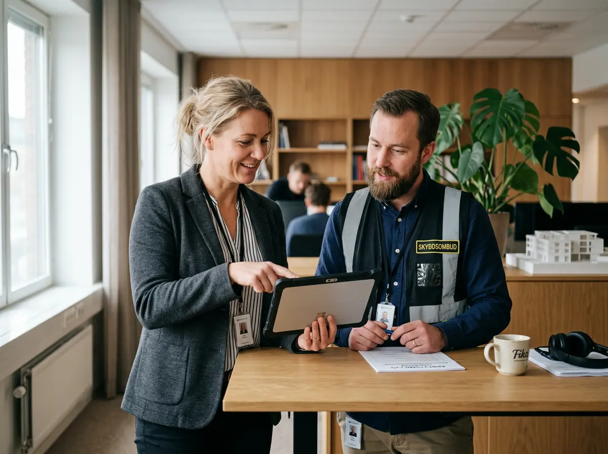 En chef och ett skyddsombud går igenom en checklista på en surfplatta i ett ljust kontor
