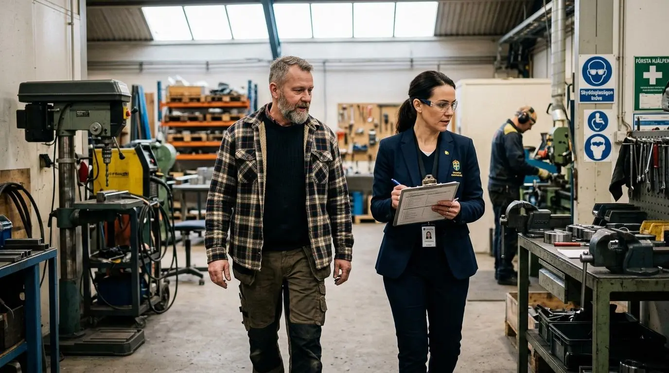 Inspektör från Arbetsmiljöverket går genom en svensk verkstad tillsammans med företagsägaren