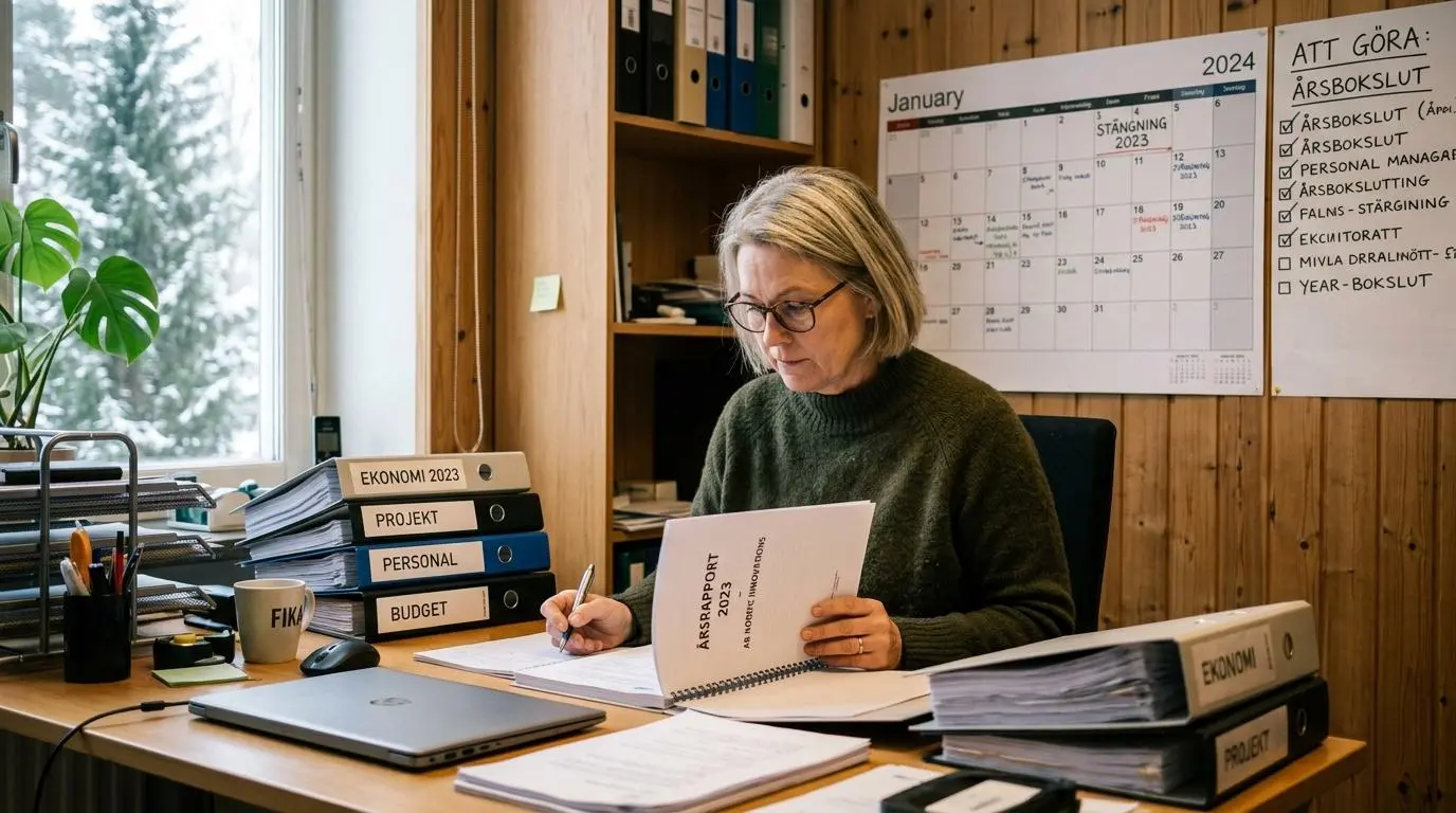 Chef går igenom årlig uppföljning av systematiskt arbetsmiljöarbete vid sitt skrivbord