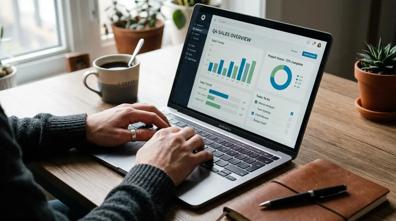 Händer som arbetar i ett digitalt arbetsmiljöverktyg på en bärbar dator