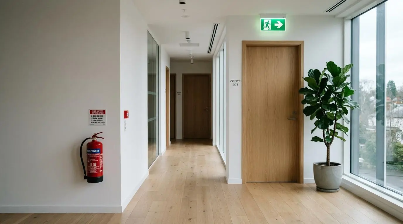 Grön nödutgångsskylt och röd brandsläckare på vit vägg i en modern svensk kontorsmiljö med ljust trägolv