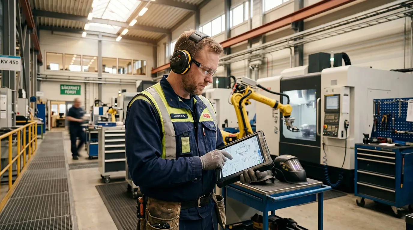 Industriarbetare med hörselskydd i en modern svensk verkstadsmiljö