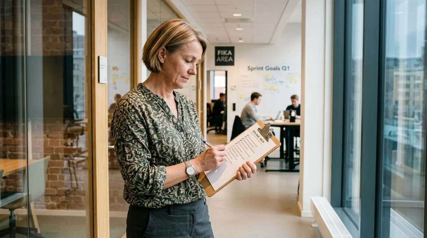 Person bockar av en arbetsmiljöchecklista på ett klippblock