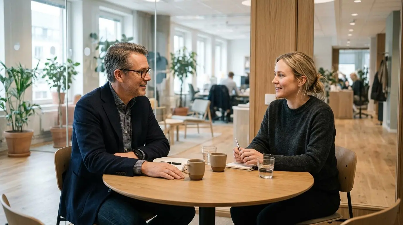 Chef och medarbetare i ett lugnt samtal i ett mötesrum