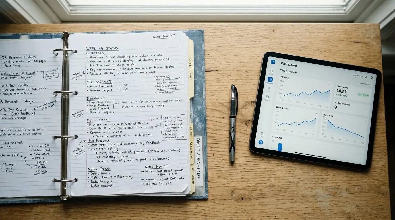 Pärm med papper bredvid en surfplatta med digitalt arbetsmiljöverktyg på ett skrivbord