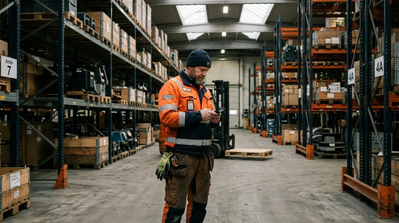 Ensamarbetare i varselväst kontrollerar mobilen i ett tomt lager