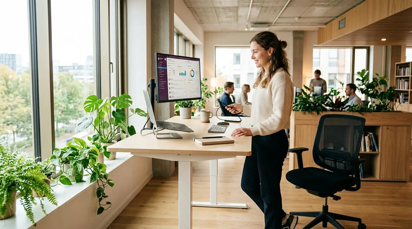 Kontorsarbetare vid ergonomiskt anpassad arbetsstation med höj- och sänkbart skrivbord i ljus kontorsmiljö