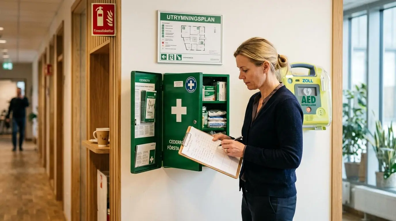 Första hjälpen-tavla med förbandslåda och hjärtstartare i ett ljust kontor, symboliserar arbetsgivarens ansvar för akut omhändertagande och krisstöd
