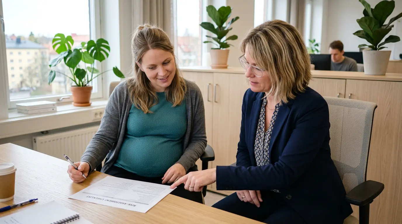Gravid medarbetare och chef går tillsammans igenom en riskbedömning av arbetsmiljön vid ett skrivbord på ett svenskt kontor