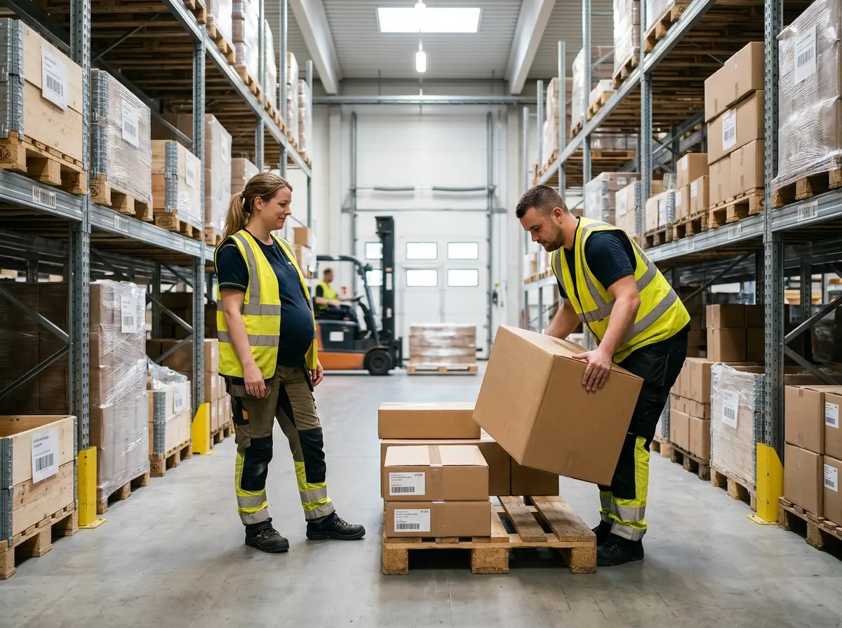 Gravid lagerarbetare i varselväst pausar framför ett tungt lyft medan en kollega kliver in och hjälper till