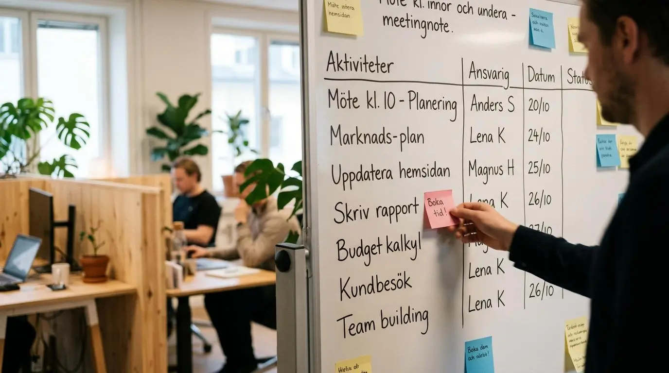 Whiteboard med handlingsplan och post-it-lappar i ett kontor