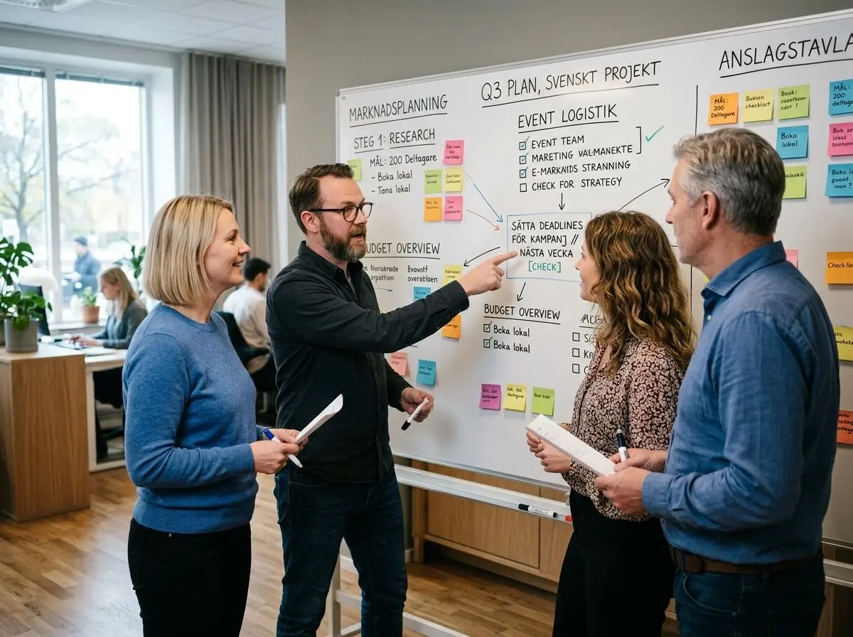 Fyra kollegor diskuterar en handlingsplan framför en whiteboard