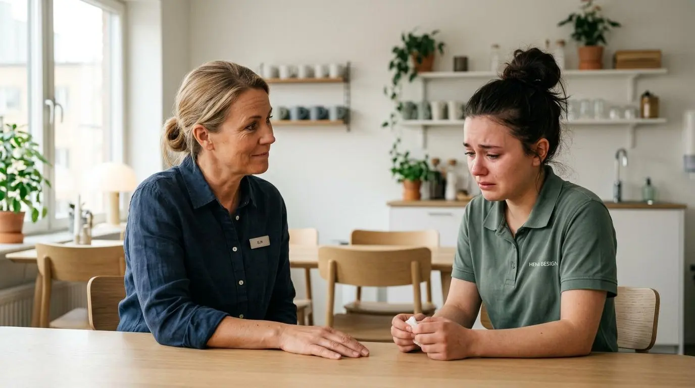 Butiksmedarbetare i samtal med en stödjande chef efter en otäck kundincident i en svensk livsmedelsbutik