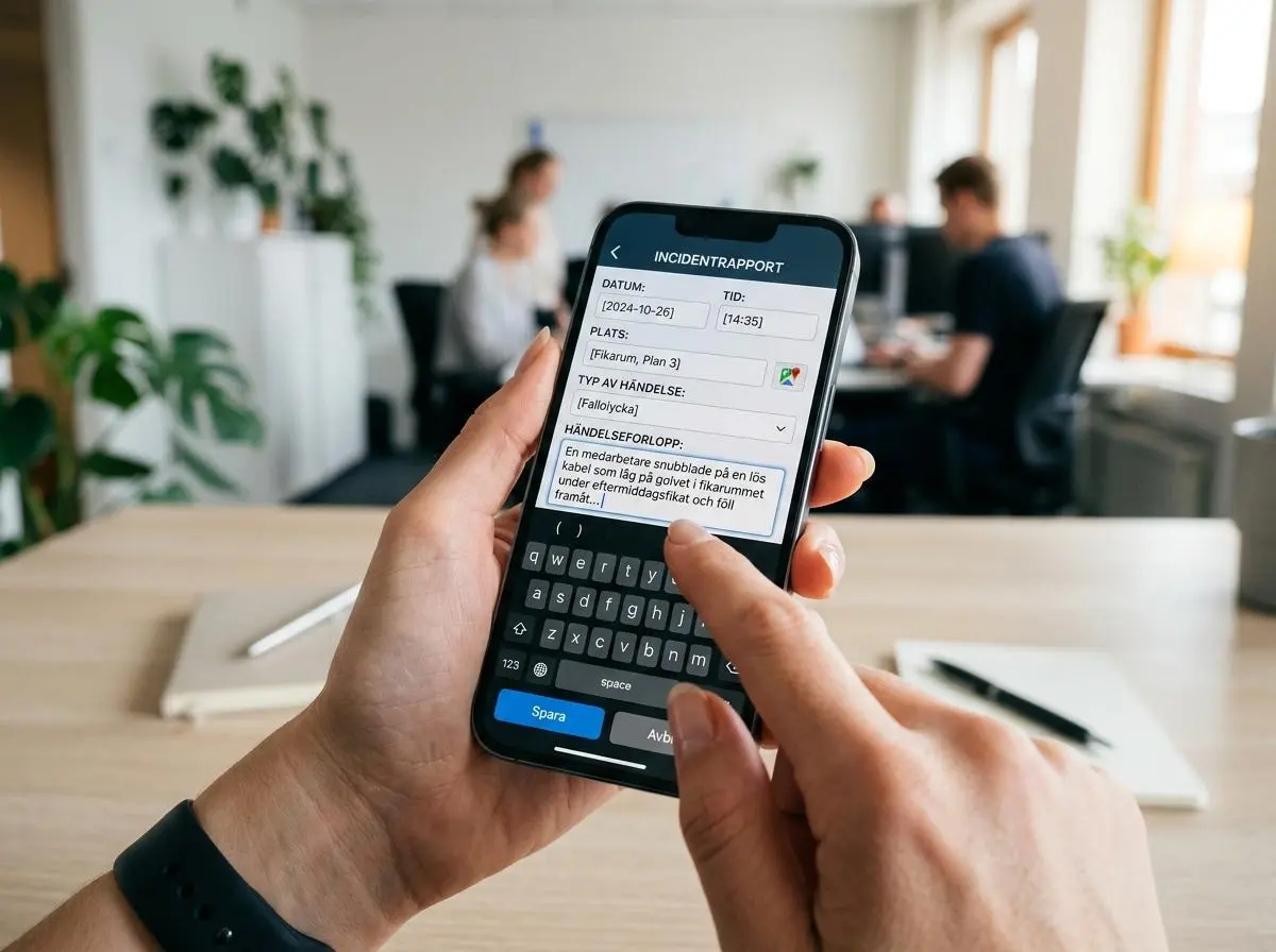 Mobiltelefon med öppen SAMkollen-app där en tillbudsrapport om hot fylls i på en arbetsplats