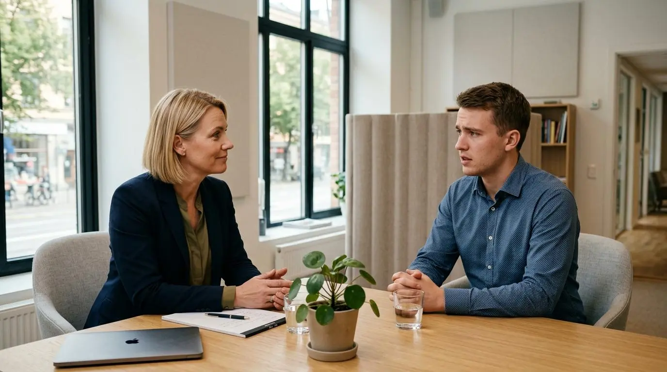 HR-chef lyssnar uppmärksamt på en medarbetare i ett ljust kontorsmöte, symboliserande stöd och öppen dialog kring kränkande särbehandling på arbetsplatsen