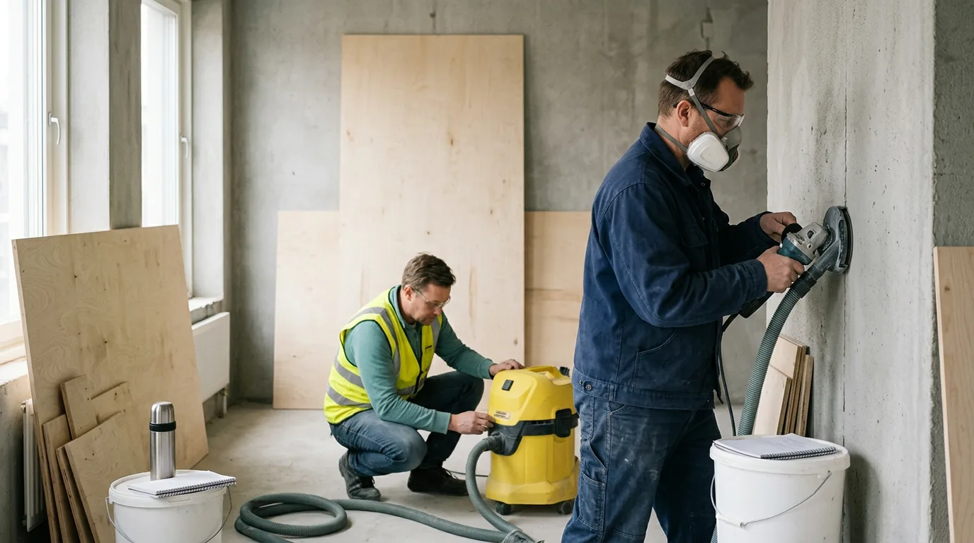 Byggnadsarbetare med halvmask slipar en betongvägg med dammutsug monterat på maskinen medan en arbetsledare kontrollerar dammsugarens filter