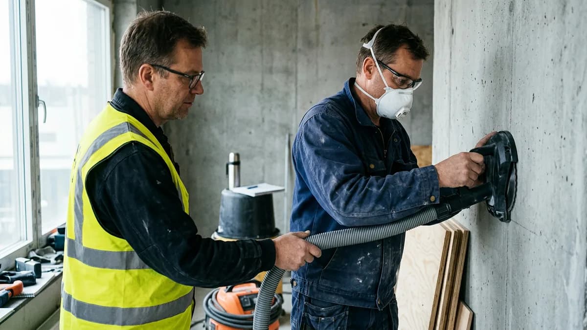 Arbetsledare håller utsugsslangen medan byggnadsarbetaren slipar betongväggen så att dammet fångas upp vid källan