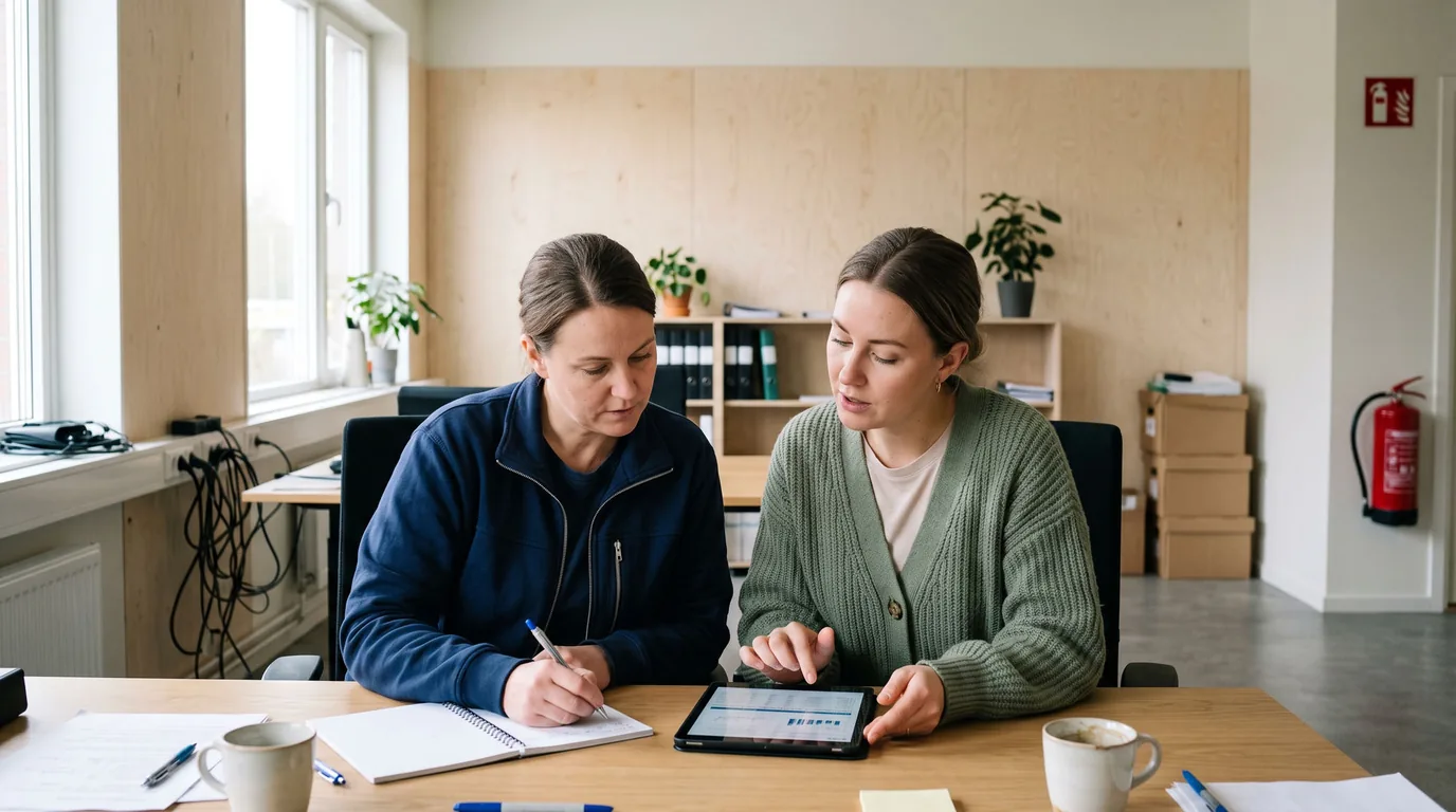 En chef och en HR-ansvarig går igenom resultatet från en medarbetarundersökning vid ett mötesbord på ett kontor