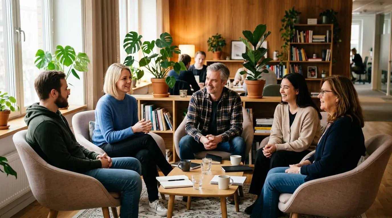 Litet team sitter i ett samtal om organisatorisk och social arbetsmiljö