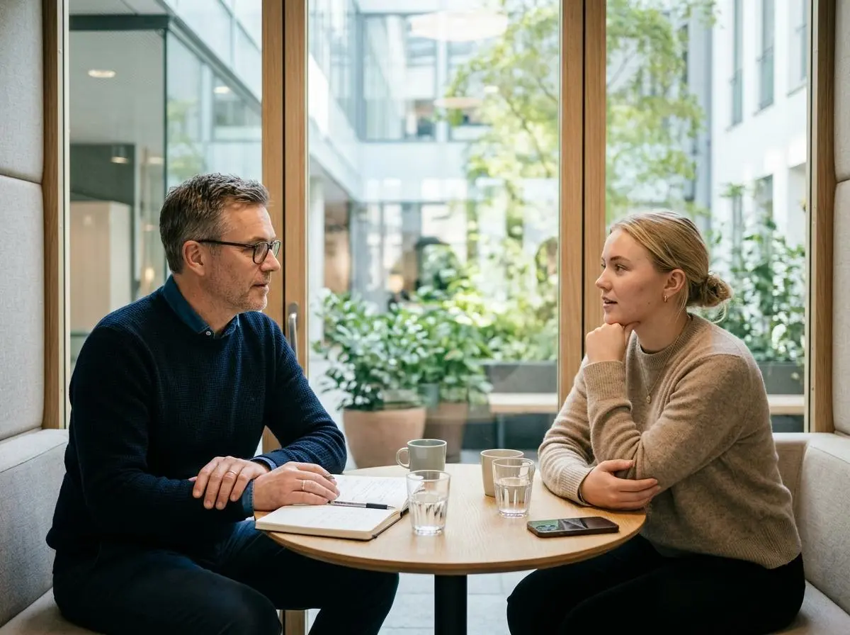 En-till-en samtal mellan chef och medarbetare i ett tyst mötesrum