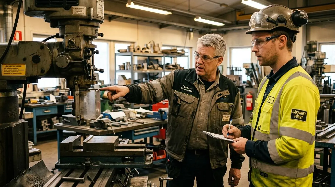 Verkstadschef och kollega gör en riskbedömning av en maskin