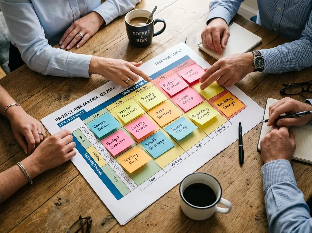 Riskmatris med post-it-lappar på ett mötesbord under en riskbedömning