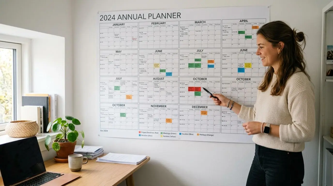 Person planerar arbetsmiljöarbete på en årsplanering på väggen