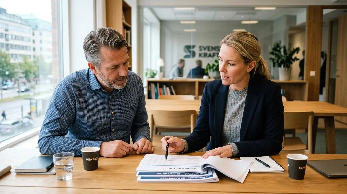 Arbetsmiljökonsult förklarar ett dokument för en småföretagare