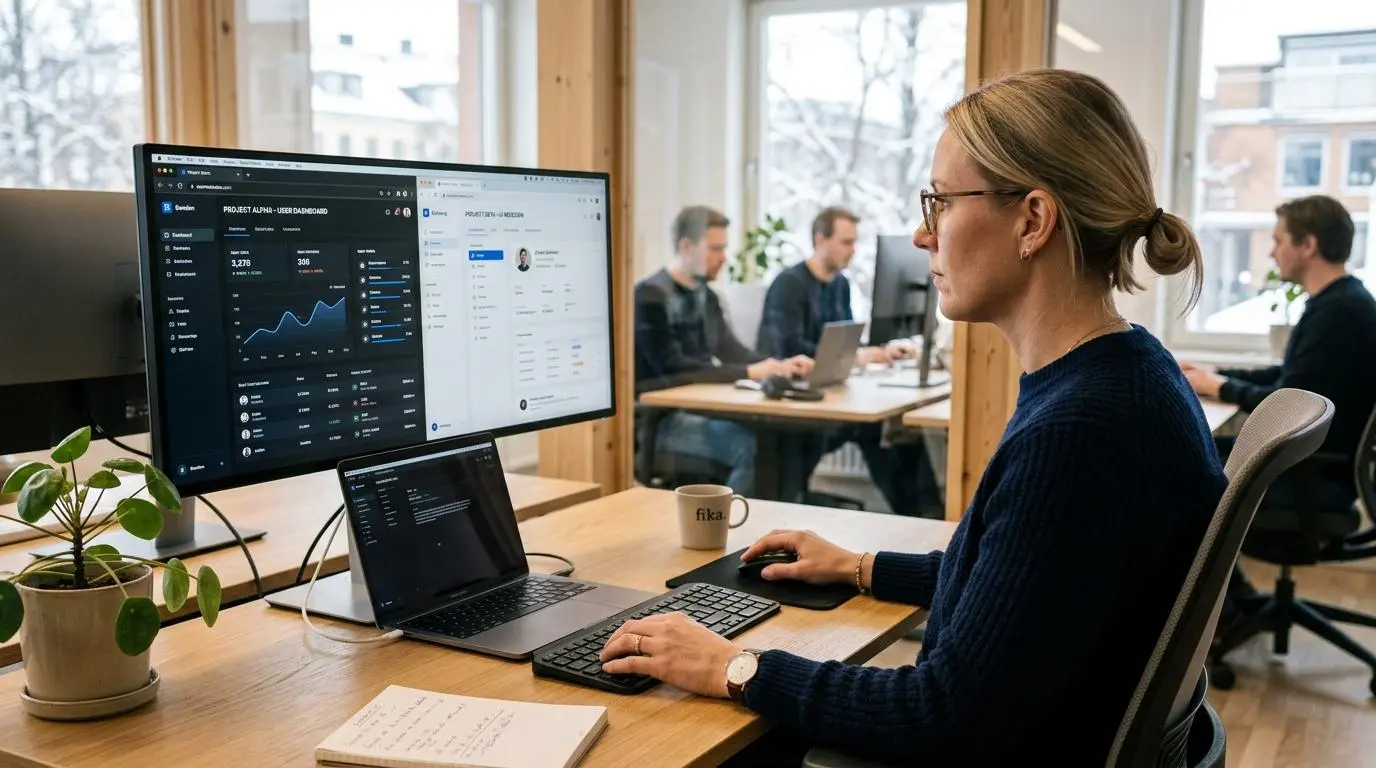 Person jämför två arbetsmiljöverktyg på en datorskärm