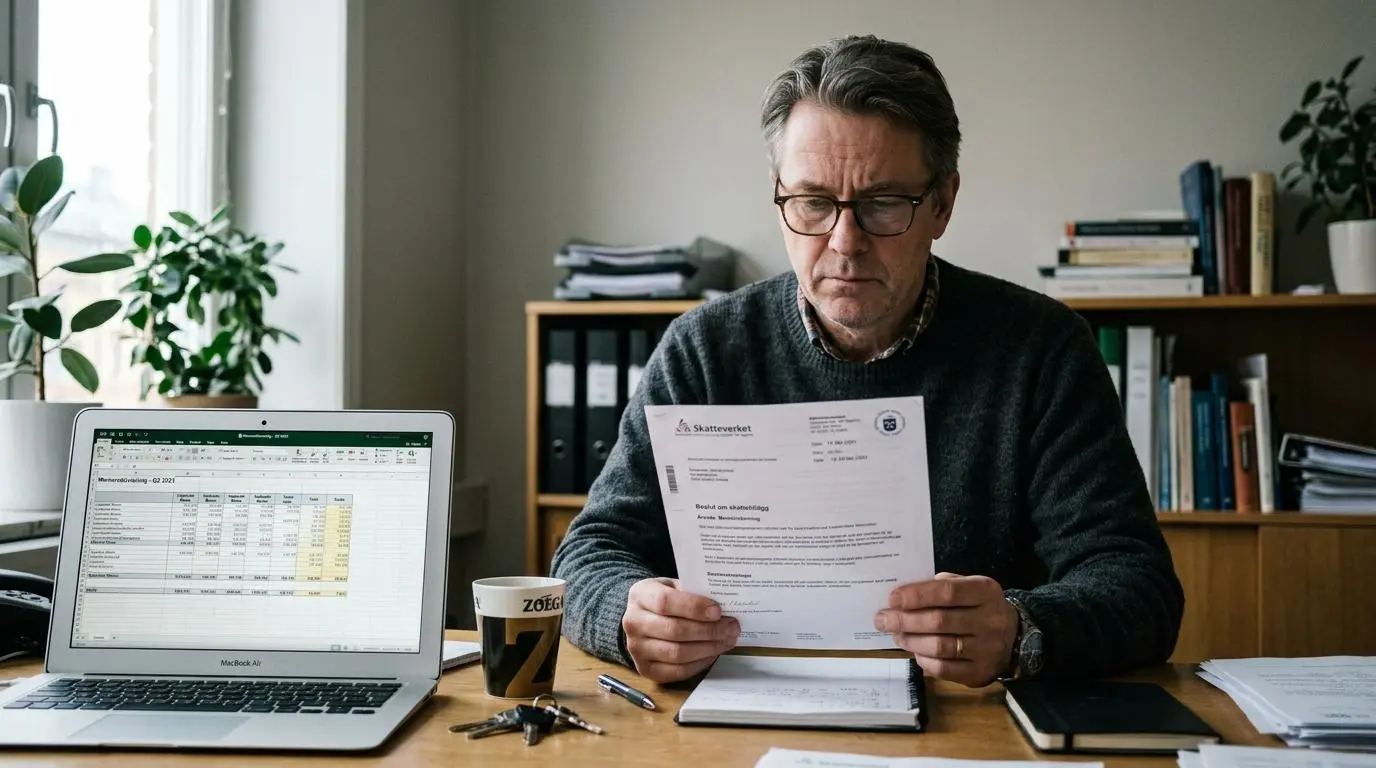 Småföretagare läser bekymrat ett officiellt brev om sanktionsavgift