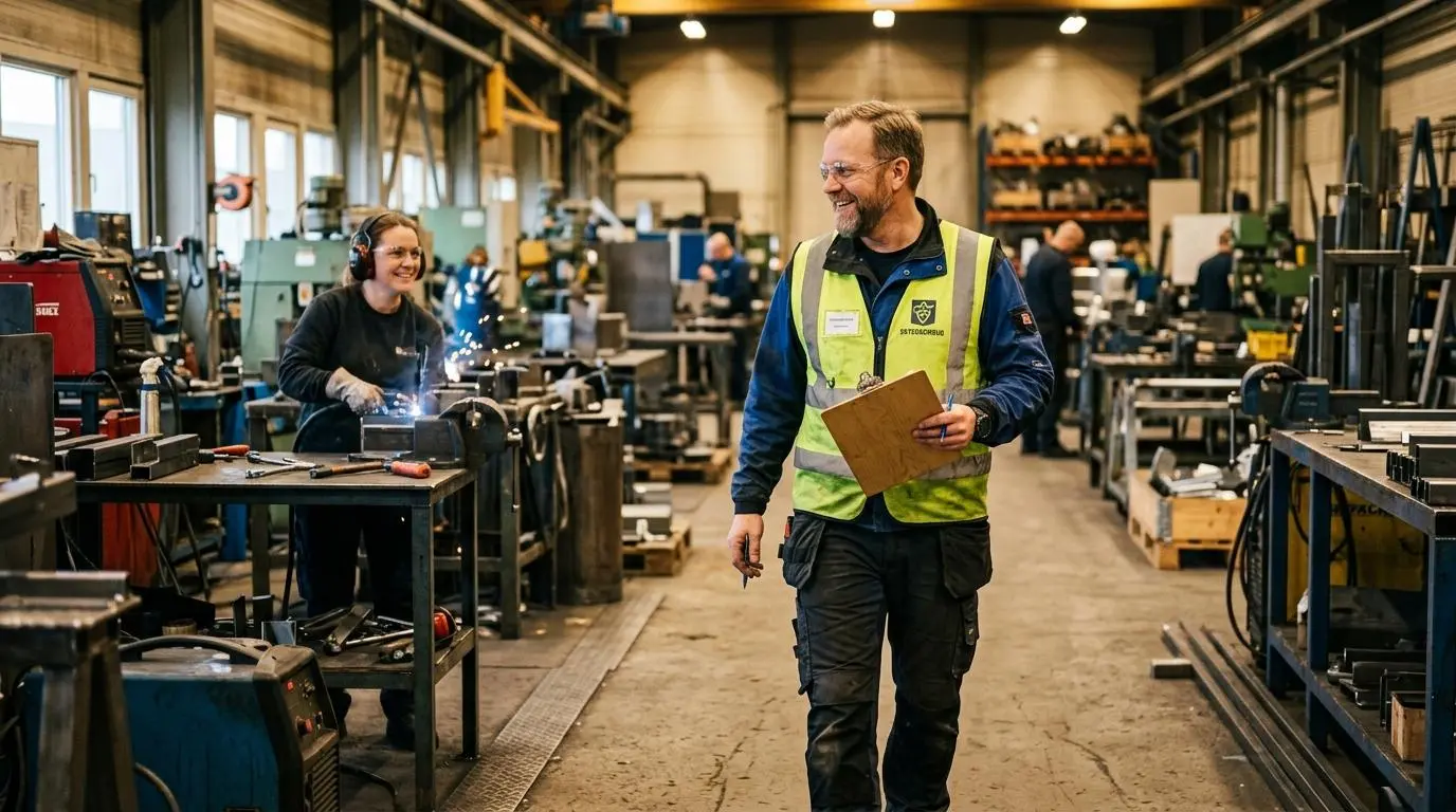 Skyddsombud i varselväst går genom en fabrik med klippblock