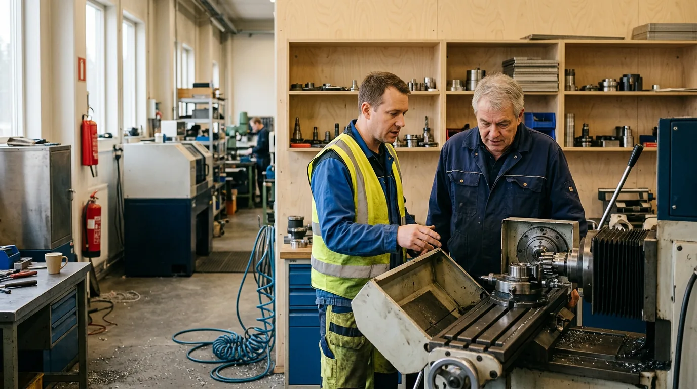 Skyddsombud i gul varselväst och produktionsledare granskar ett öppnat skydd på en stoppad fräsmaskin i en verkstad
