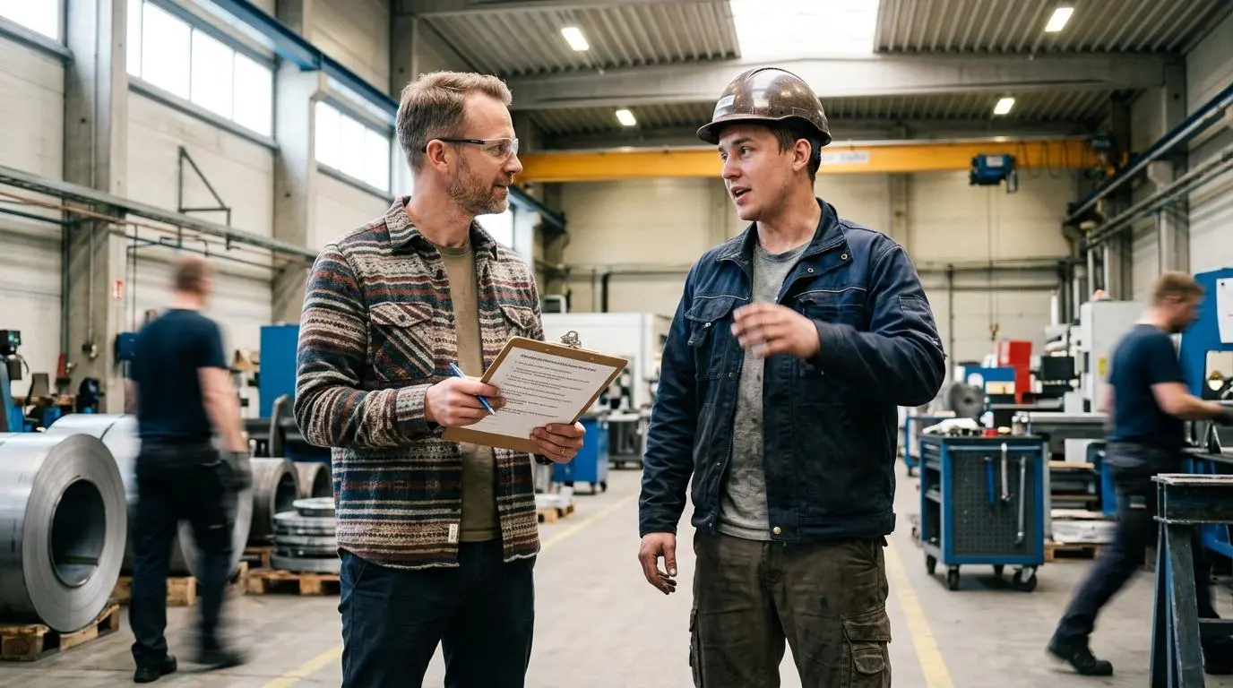Chef intervjuar en medarbetare under en skyddsrond med ett klippblock