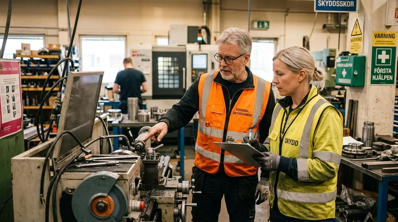 Två kollegor går en skyddsrond i en svensk fabrik