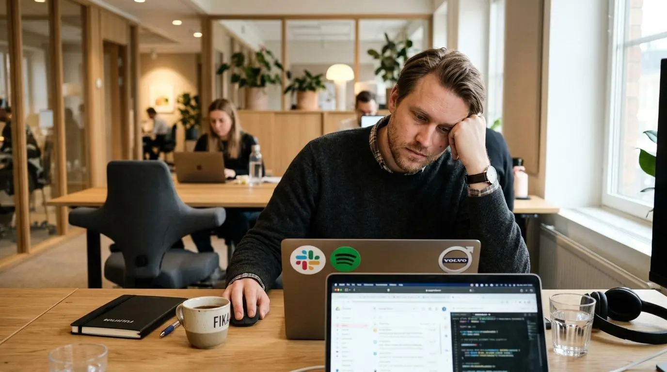 Tankfull kontorsmedarbetare vid sitt skrivbord, illustrerar arbetsrelaterad stress
